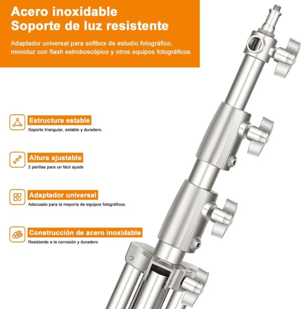 Soporte de Luz Tripié Acero Inoxidable Plegable, 2.8M Trípode con Resorte Extensible - Image 3