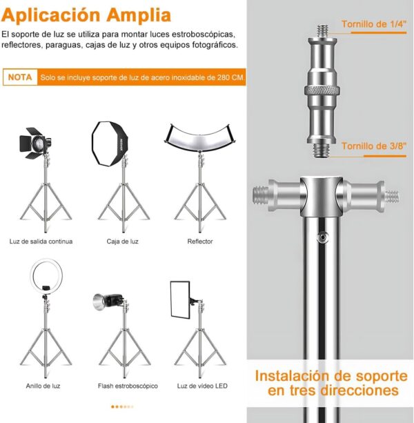 Soporte de Luz Tripié Acero Inoxidable Plegable, 2.8M Trípode con Resorte Extensible - Image 2